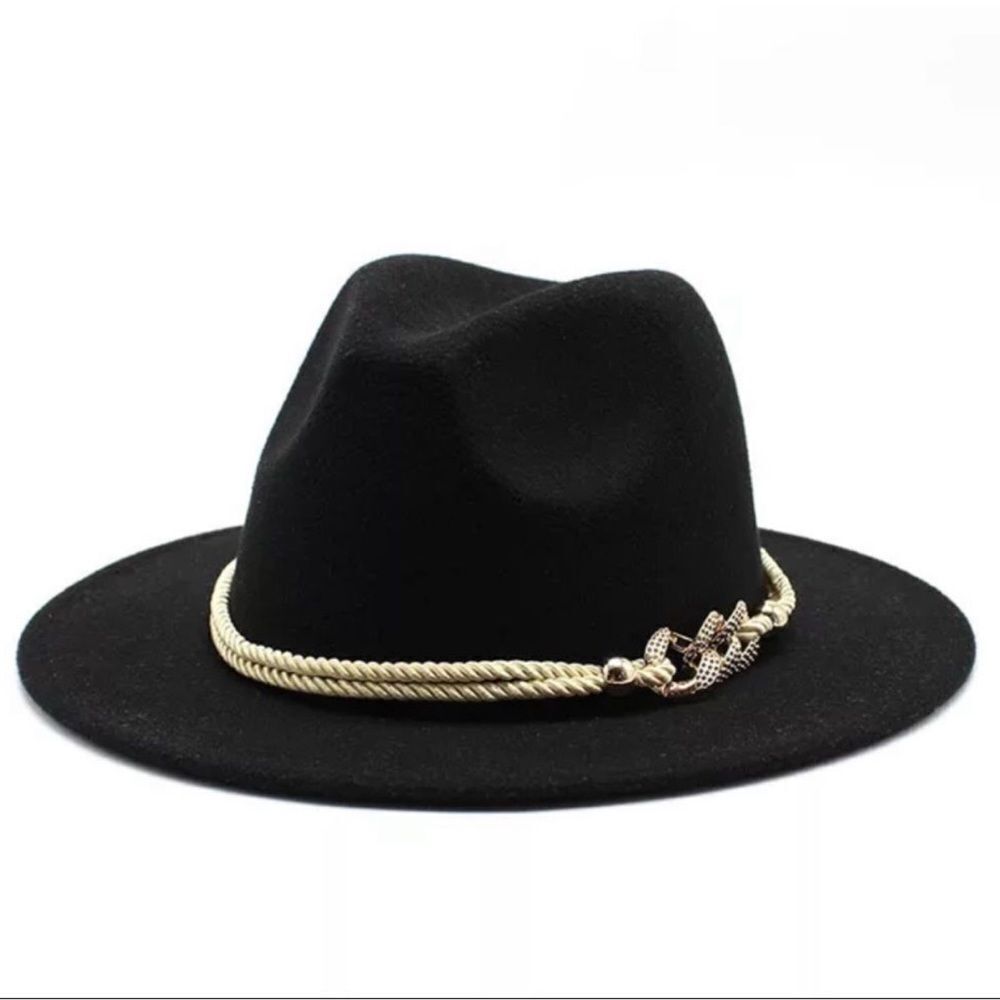 Black Tall Dented Crown Gold Chain Rope Hat Band Fedora Hat NEW